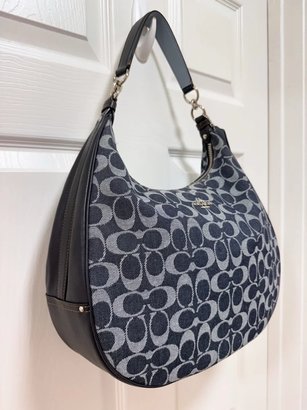 Coach Harley Signature Denim Jacquard Navy Leather Large Hobo